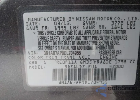 2013 Nissan Sentra Sv z USA, uszkodzony, nr VIN 3N1AB7AP9DL704955
